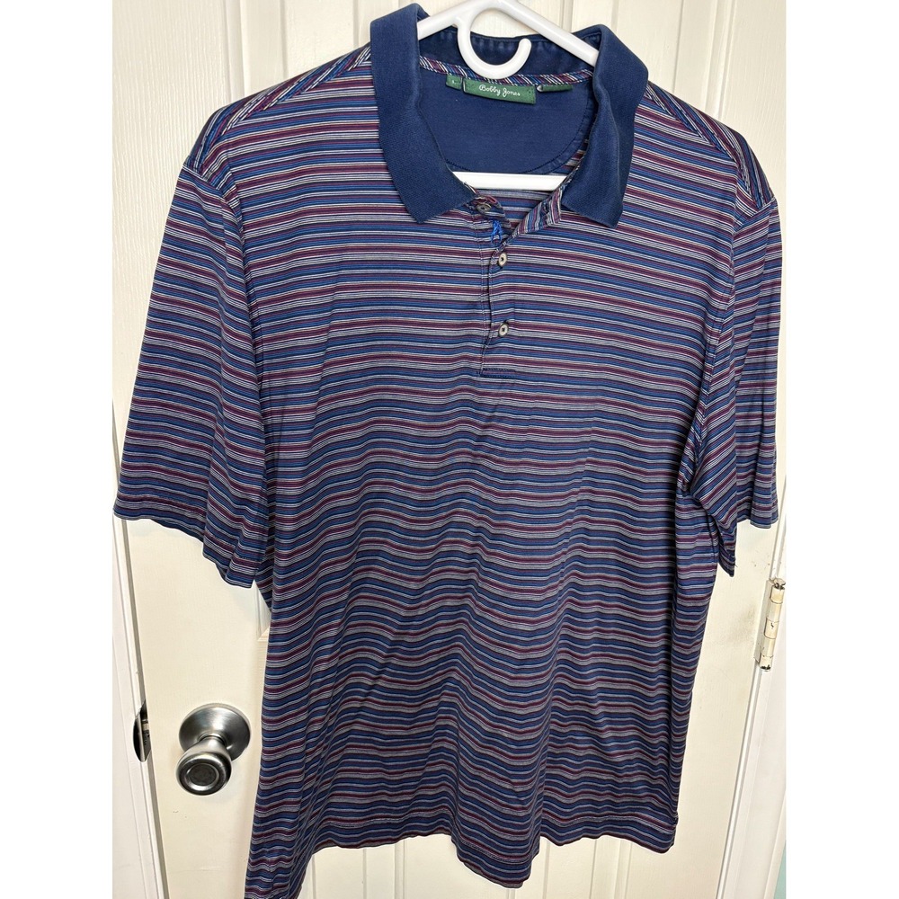 Bobby Jones Golf Polo Shirt Mens L Navy Stripe Cotton Short Sleeve Preppy Luxury